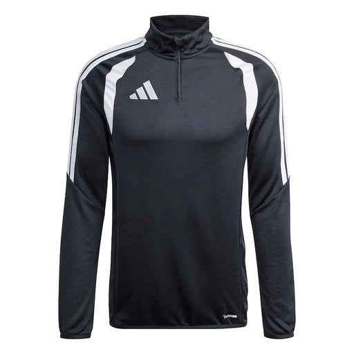 Black athletic jacket with white stripes and Adidas logo on a white background