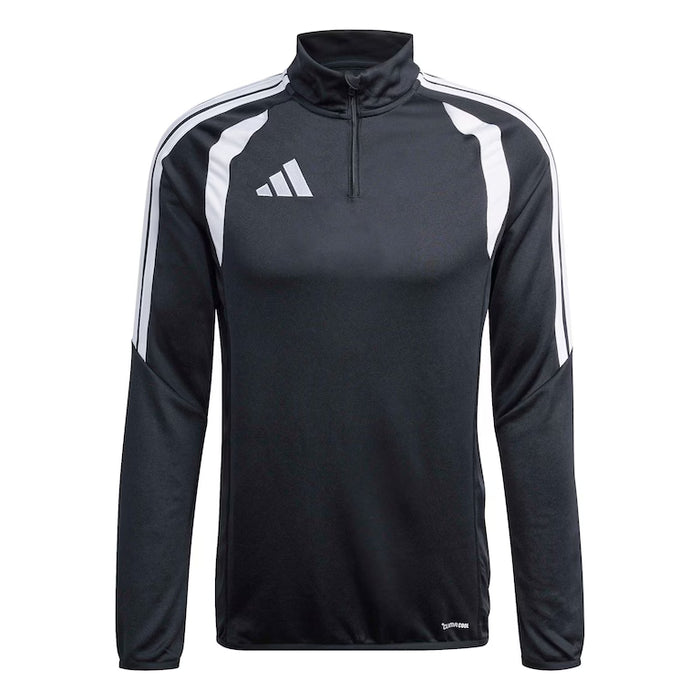 Black athletic jacket with white stripes and Adidas logo on a white background