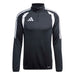 Black athletic jacket with white stripes and Adidas logo on a white background