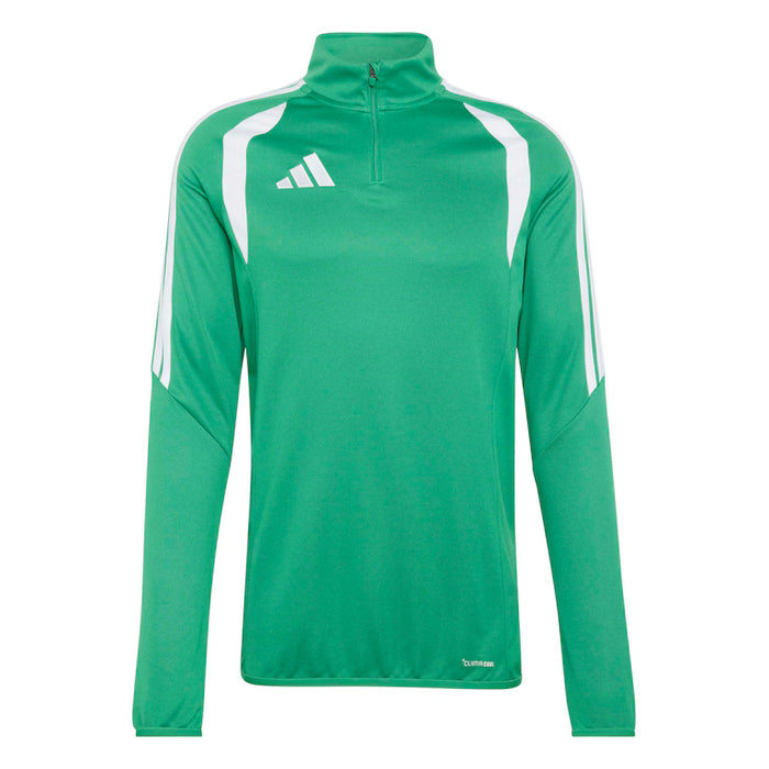 Green athletic jacket with white stripes and Adidas logo on a white background