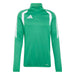 Green athletic jacket with white stripes and Adidas logo on a white background