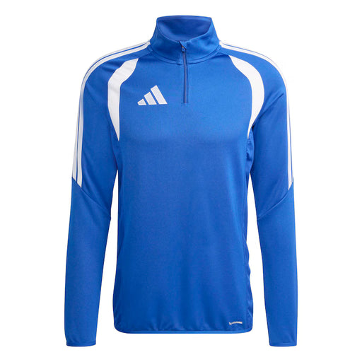 Blue athletic jacket with white stripes and Adidas logo on a white background