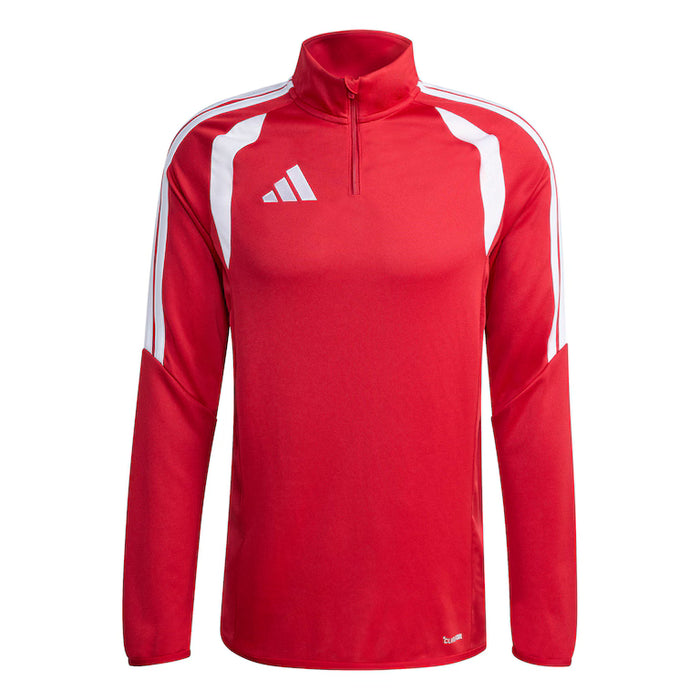 Red long-sleeve athletic top with white stripes and Adidas logo on a white background