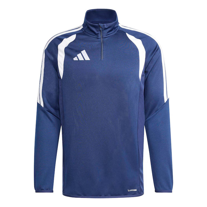 Blue long-sleeve athletic shirt with white stripes and Adidas logo on a white background