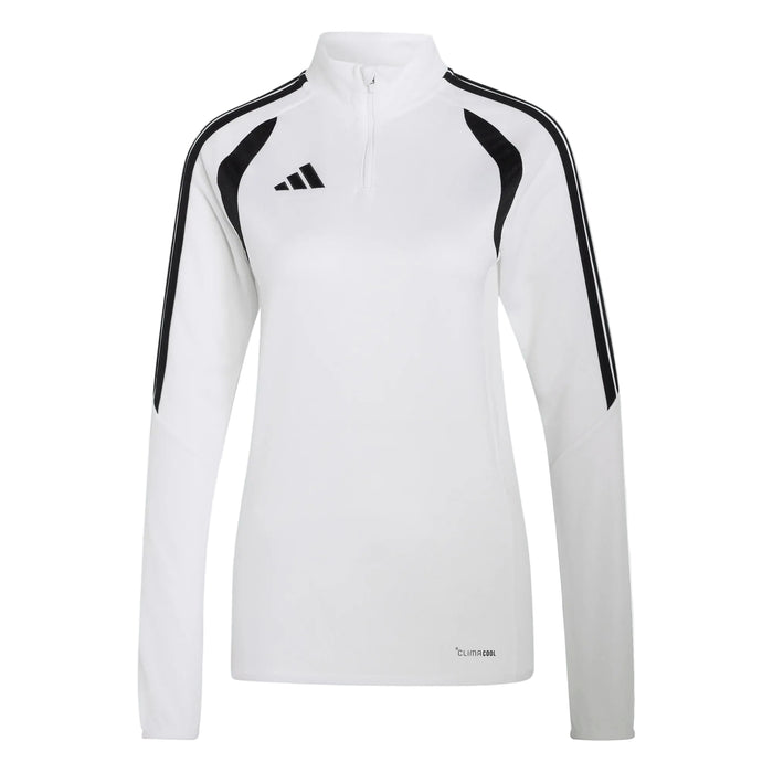 White athletic jacket with black stripes and Adidas logo on a light gray background