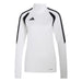 White athletic jacket with black stripes and Adidas logo on a light gray background