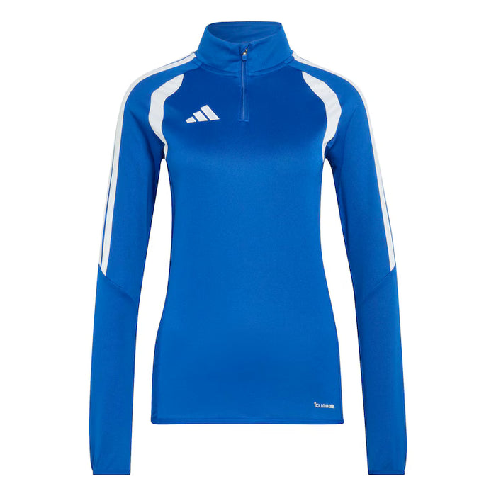 Blue athletic long-sleeve shirt with white accents on a white background
