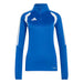 Blue athletic long-sleeve shirt with white accents on a white background
