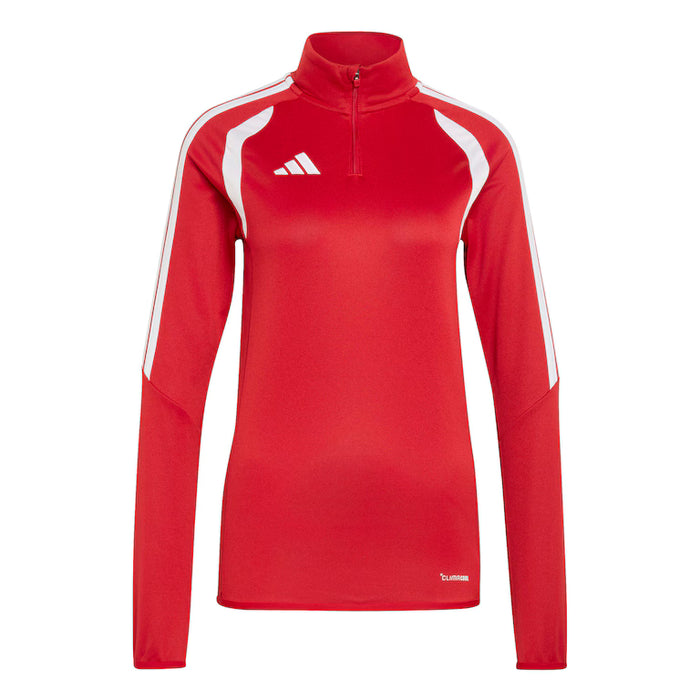 Red long-sleeve athletic top with white accents on a white background