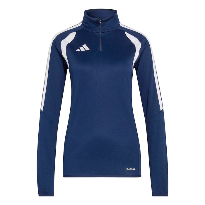 Navy long-sleeve athletic top with white accents on a white background