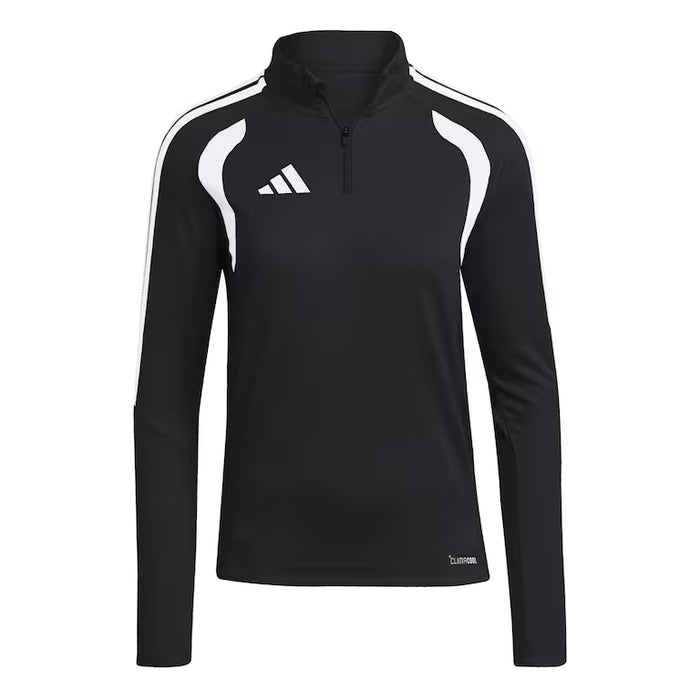 Black and white long-sleeve athletic top with Adidas logo on a white background