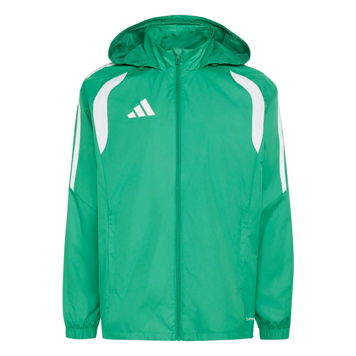 Green jacket with white stripes and Adidas logo on a light gray background