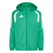 Green jacket with white stripes and Adidas logo on a light gray background