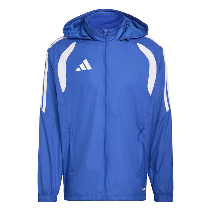 Blue jacket with white stripes and Adidas logo on a white background