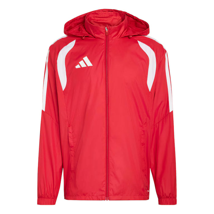 Red jacket with white accents and Adidas logo on a white background