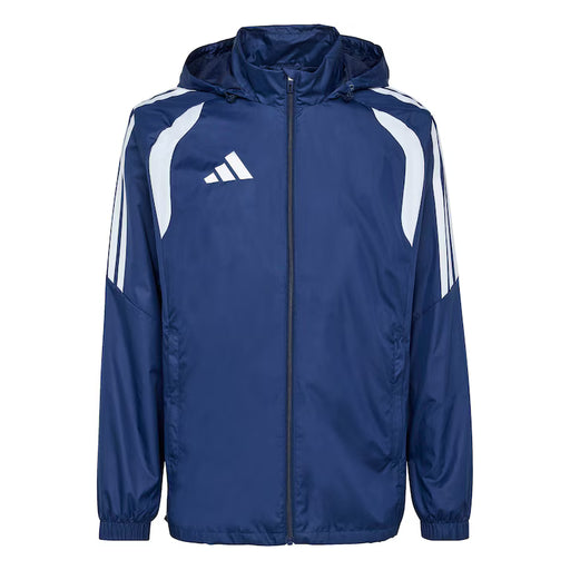 Blue raincoat with white stripes and Adidas logo on a white background