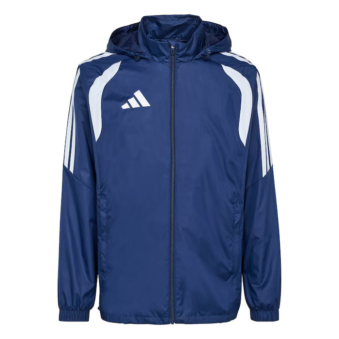 Blue raincoat with white stripes and Adidas logo on a white background