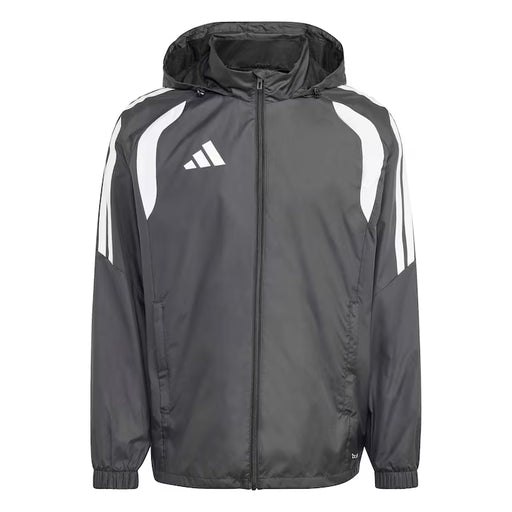 Gray raincoat with white stripes and Adidas logo on a white background