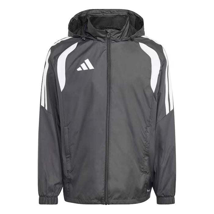 Gray raincoat with white stripes and Adidas logo on a white background