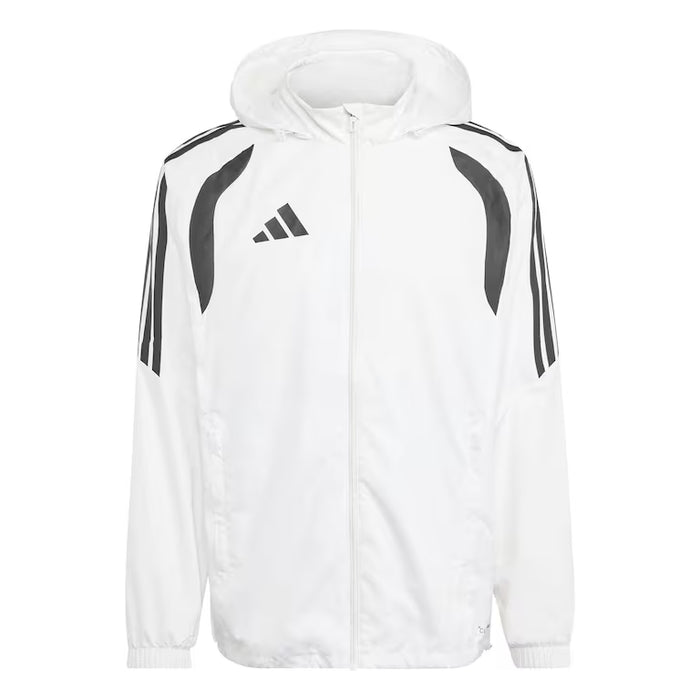 White hoodie with black stripes and Adidas logo on a white background
