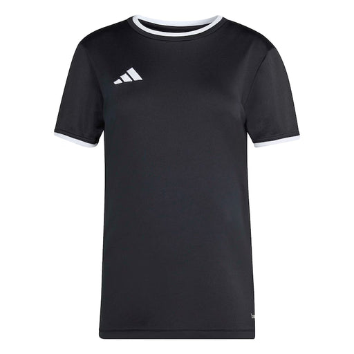 Black t-shirt with white collar and Adidas logo on a white background