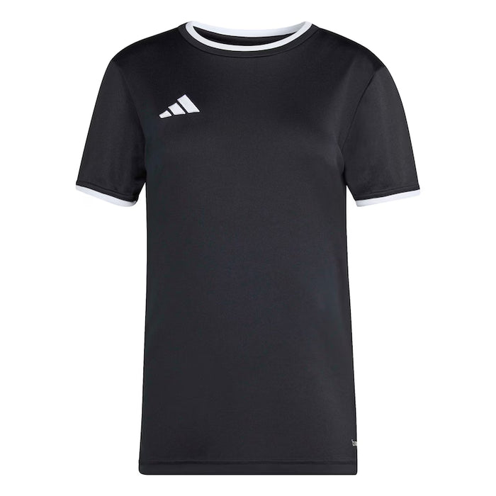 Black t-shirt with white collar and Adidas logo on a white background