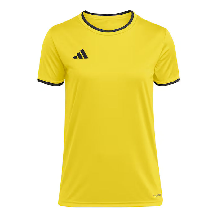Yellow t-shirt with black Adidas logo on a white background
