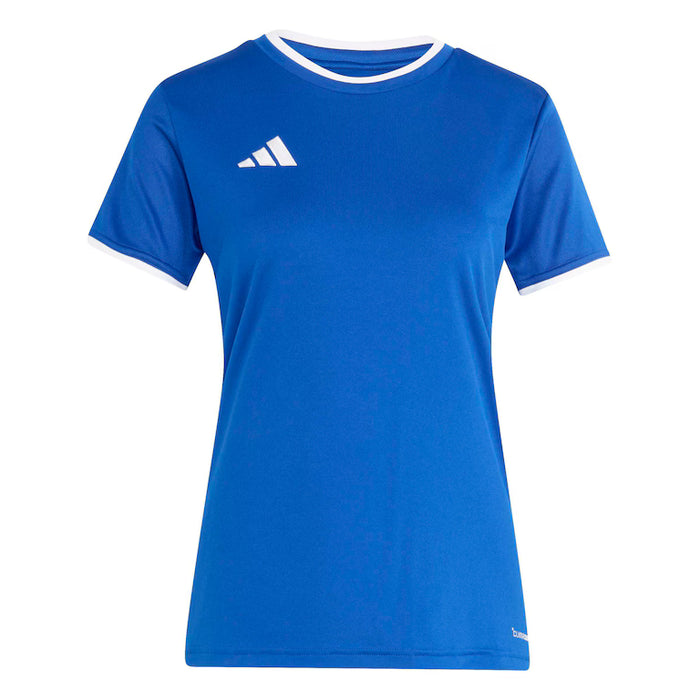 Blue t-shirt with white collar and Adidas logo on a white background