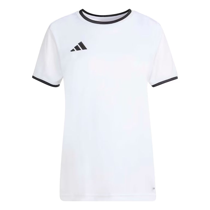White t-shirt with black trim and Adidas logo on a white background