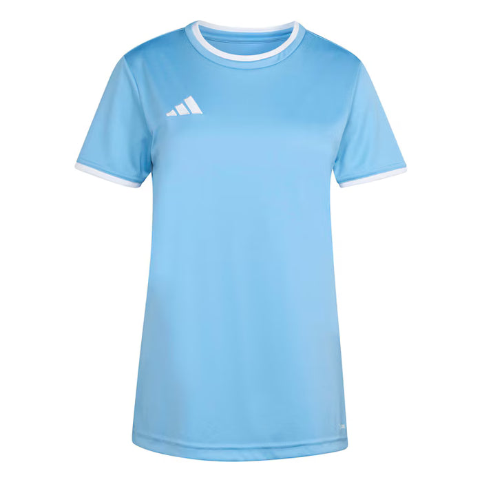 Light blue t-shirt with white trim and Adidas logo on a white background