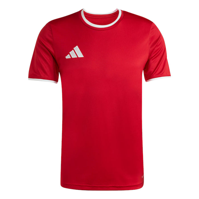 Red Adidas t-shirt with white collar on a white background