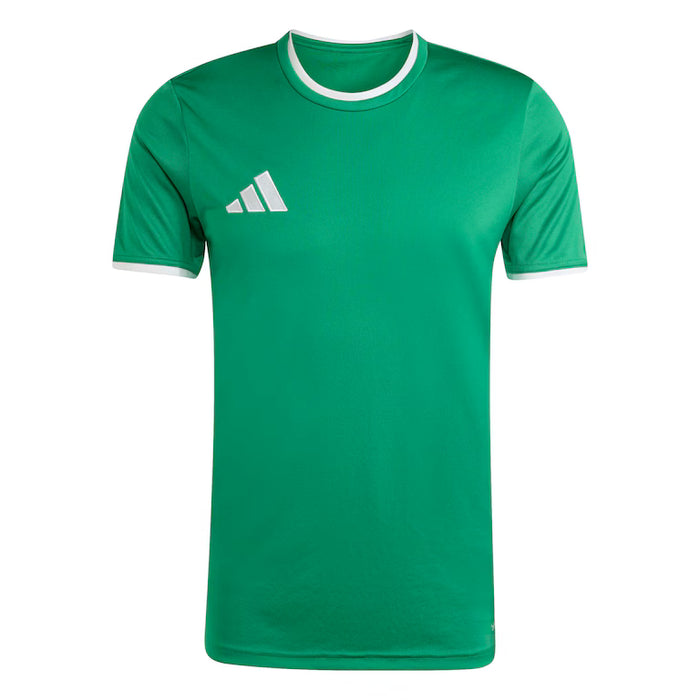 Green t-shirt with white collar and Adidas logo on a white background