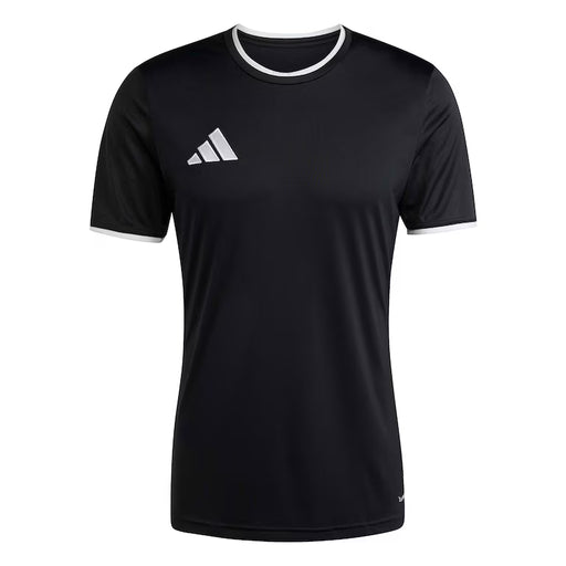 Black t-shirt with white collar and Adidas logo on a white background