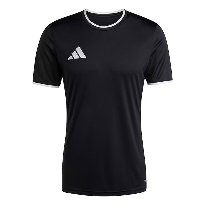 Black t-shirt with white collar and Adidas logo on a white background