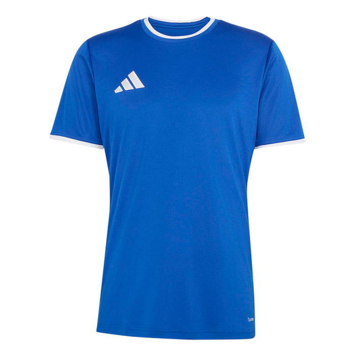 Blue t-shirt with white collar and Adidas logo on a white background