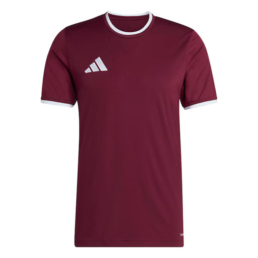 Maroon t-shirt with white collar and Adidas logo on a white background