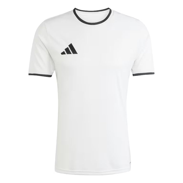 White t-shirt with black accents and Adidas logo on a white background
