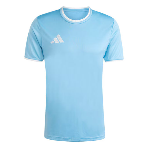 Light blue t-shirt with white collar and Adidas logo on a white background
