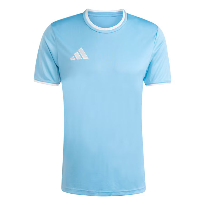 Light blue t-shirt with white collar and Adidas logo on a white background