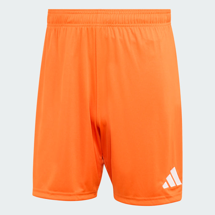 Orange shorts with Adidas logo on a light gray background