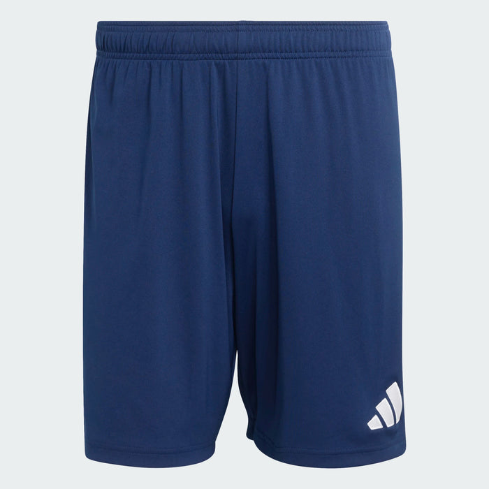 Navy blue shorts with a white logo on a light gray background