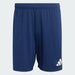 Navy blue shorts with a white logo on a light gray background
