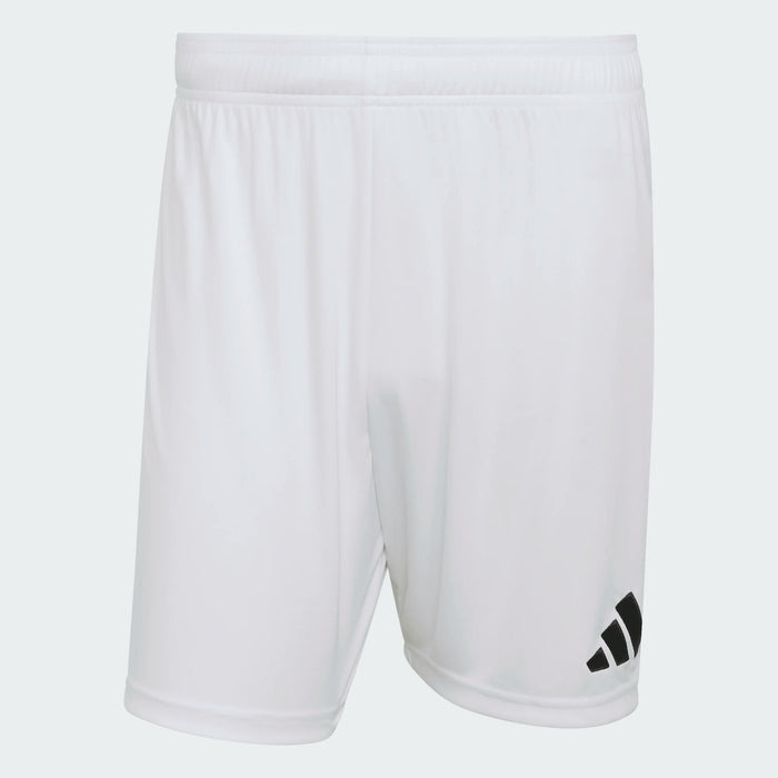 White athletic shorts with a black logo on a white background