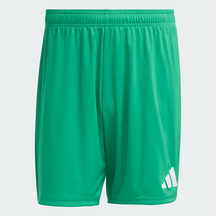Green shorts with a white Adidas logo on a white background