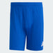 Blue shorts with a white logo on a light gray background
