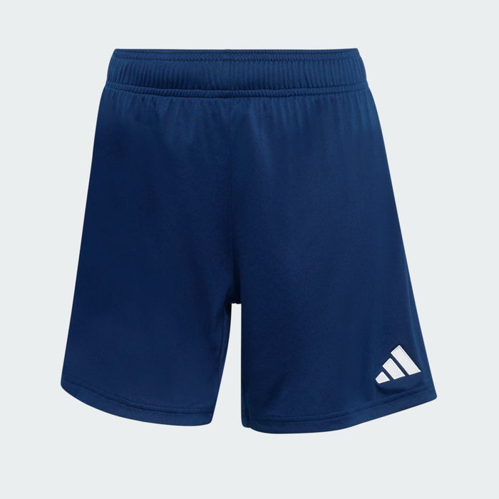 Navy blue shorts with a white logo on a light gray background