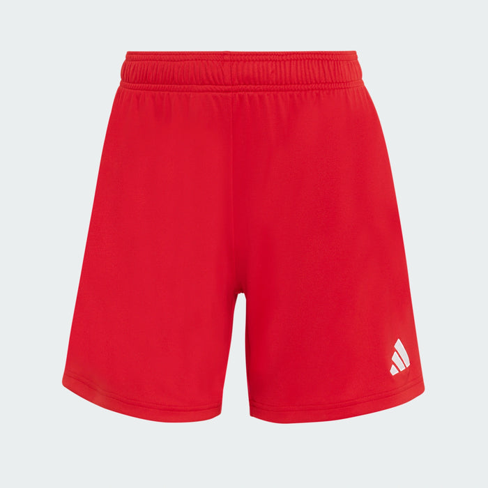 Red shorts with a white logo on a light gray background