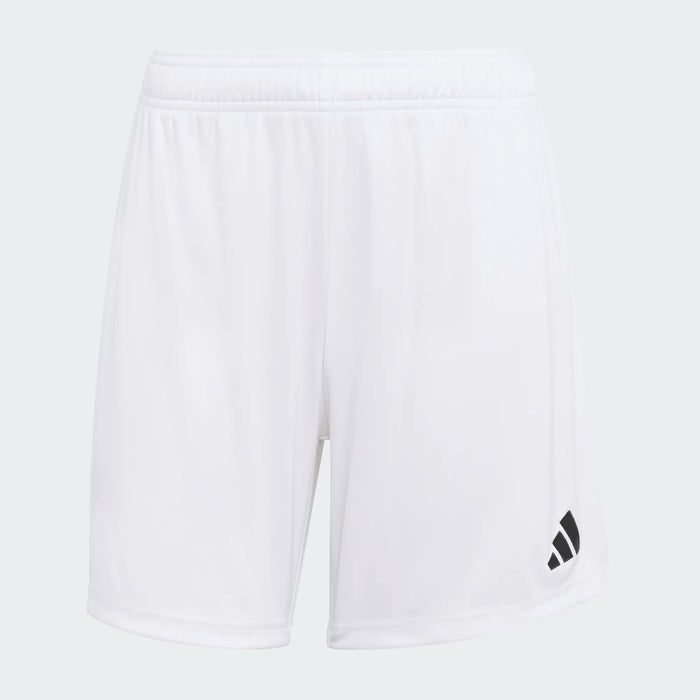 White athletic shorts with a black logo on a light gray background