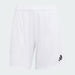 White athletic shorts with a black logo on a light gray background