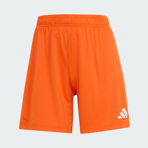 Orange shorts with a white Adidas logo on a light gray background